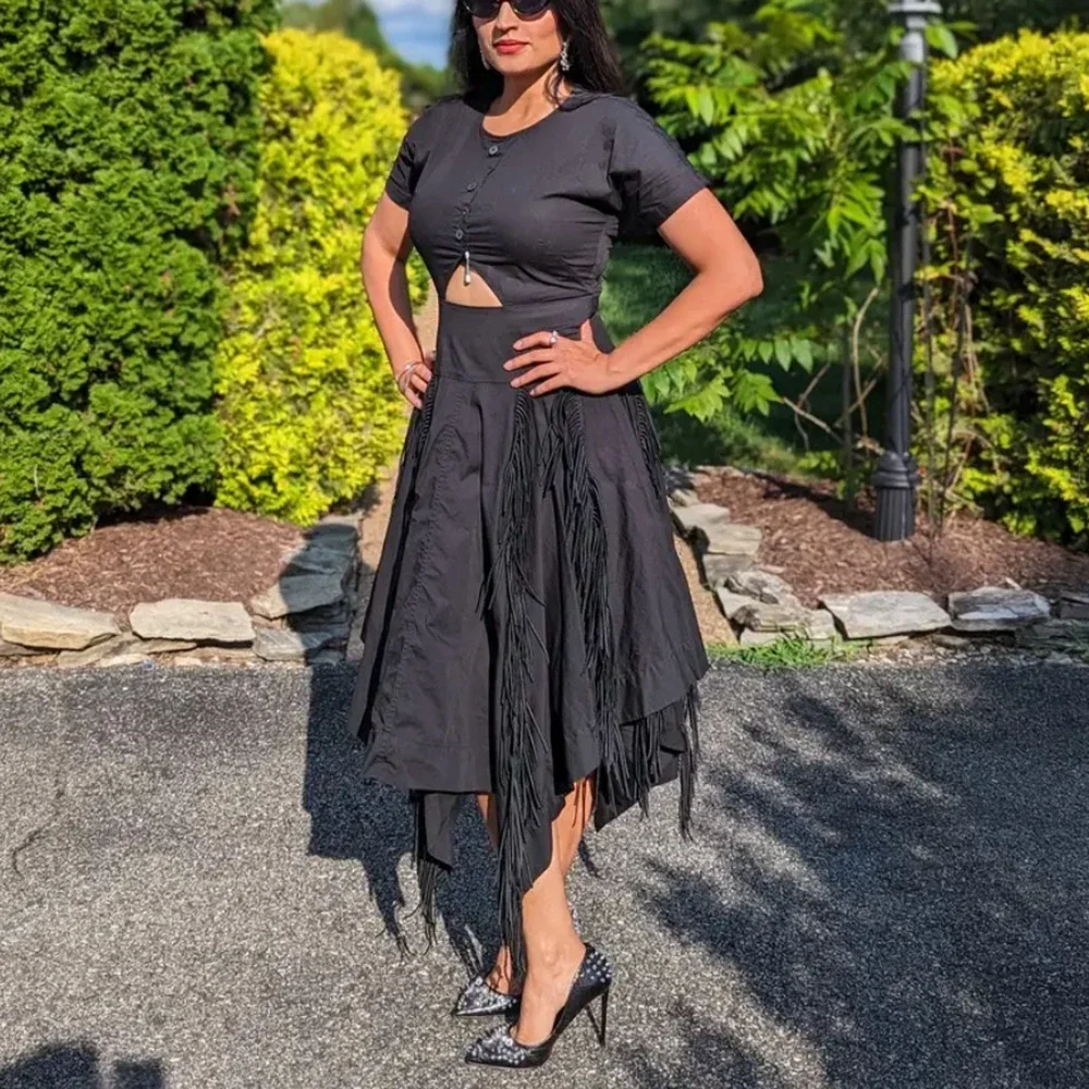 Bibhu Mohapatra Black Fringe Midi Shirt Dress Size 4 Western Rodeo Designer $455 - Picture 7 of 11